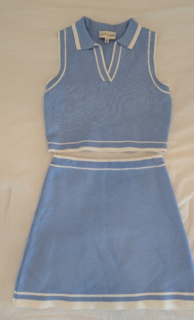 Freshman Light Blue Knit Top and Skirt Set with White Trim